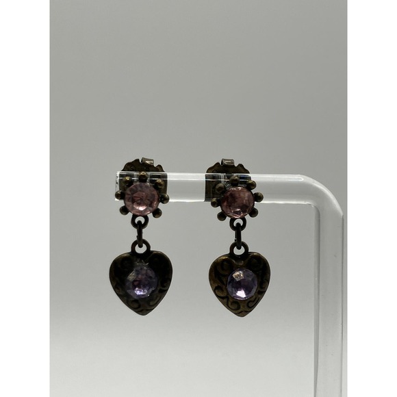 Pink Purple Rhinestones Bronze Heart Dangle .75 Inch Earrings Vintage! - Picture 2 of 5